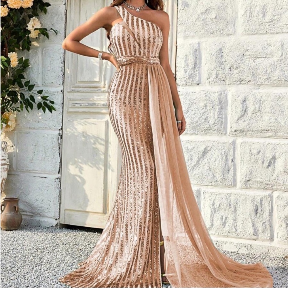 Luxe one shoulder draped party formal evening gown dress